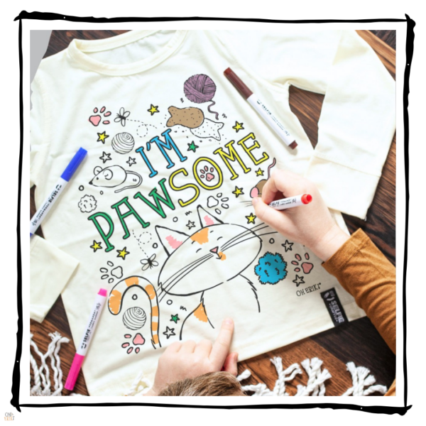 Oh Erik - Kids Colour-in Pawsome Long Sleeve Cat T-Shirt