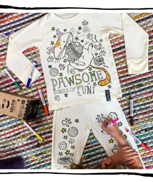 Oh Erik Kids Colour-In Cat Pyjamas kit with fabric pens
