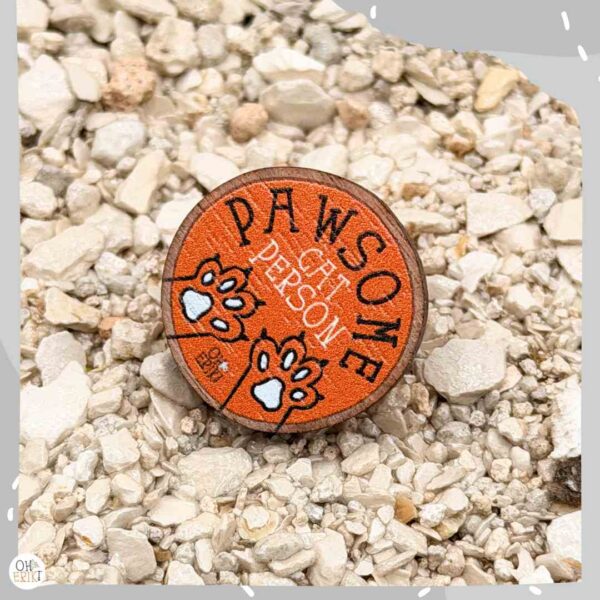 Pawsome Cat Person - wooden cat badge in orange