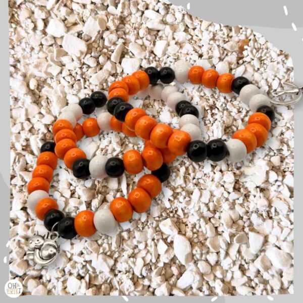 Cat wooden bead bracelet in orange, black and white