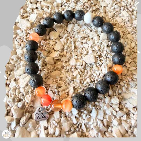 Crystal lava beads cat bracelet in orange and black