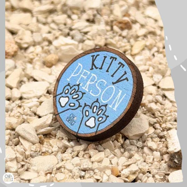 Kitty Person wooden cat badge in blue