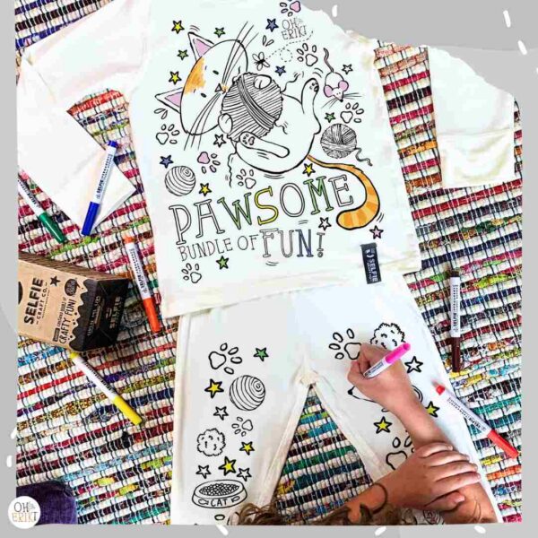 Colour in cat themed pyjamas for kids