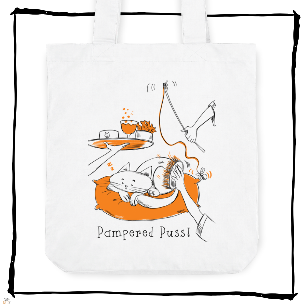 Pampered Puss cotton tote bag for cat lovers by Oh Erik