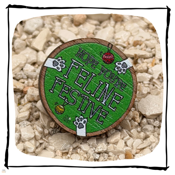 Feline Festive Wooden Cat Pin Badge