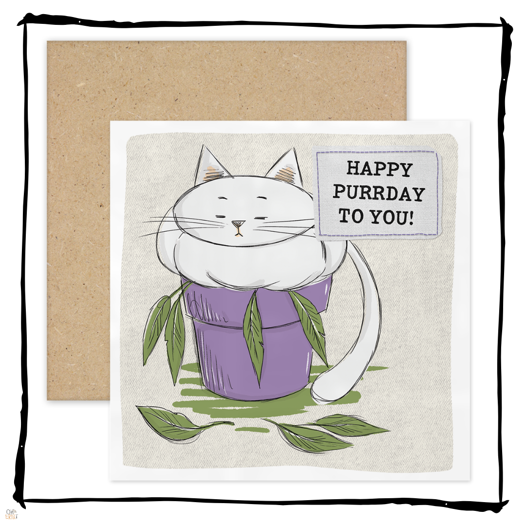 Happy Purrday to You white cat birthday card