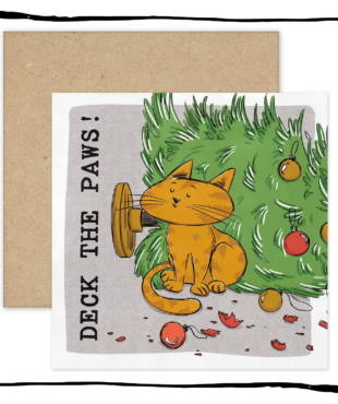 ginger cat sitting beside a fallen Christmas tree and broken baubles on a Deck the Paws Christmas card.
