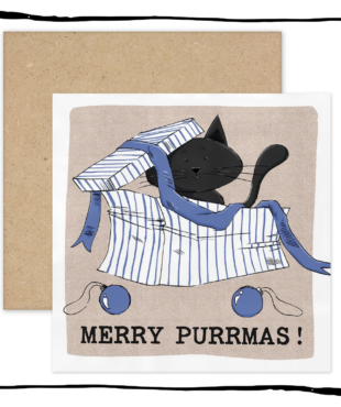 Black cat sitting in a striped gift box with ribbon and baubles on a Merry Purrmas Christmas card.