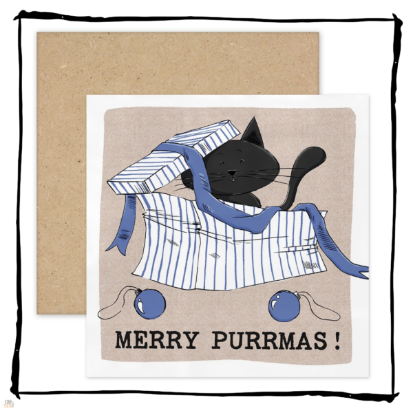 Black cat sitting in a striped gift box with ribbon and baubles on a Merry Purrmas Christmas card.