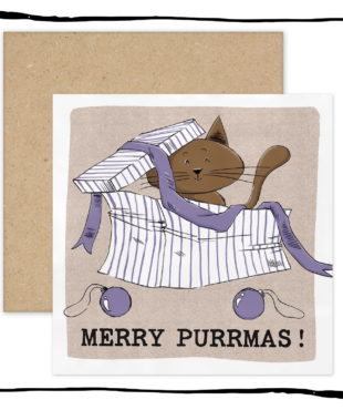 Brown cat sitting in a striped gift box with ribbon and baubles on a Merry Purrmas Christmas card.