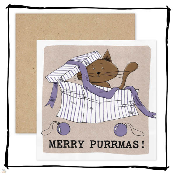 Brown cat sitting in a striped gift box with ribbon and baubles on a Merry Purrmas Christmas card.