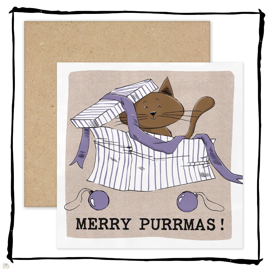 Brown cat sitting in a striped gift box with ribbon and baubles on a Merry Purrmas Christmas card.