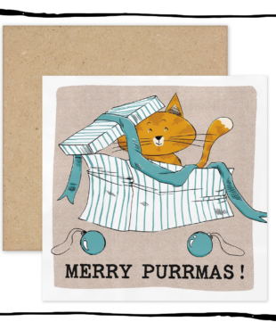 Ginger cat sitting in a striped gift box with ribbon and baubles on a Merry Purrmas Christmas card.