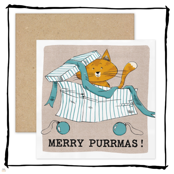 Ginger cat sitting in a striped gift box with ribbon and baubles on a Merry Purrmas Christmas card.