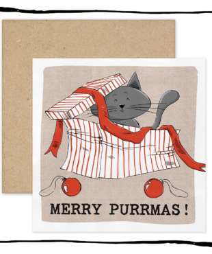 Grey cat sitting in a striped gift box with ribbon and baubles on a Merry Purrmas Christmas card.