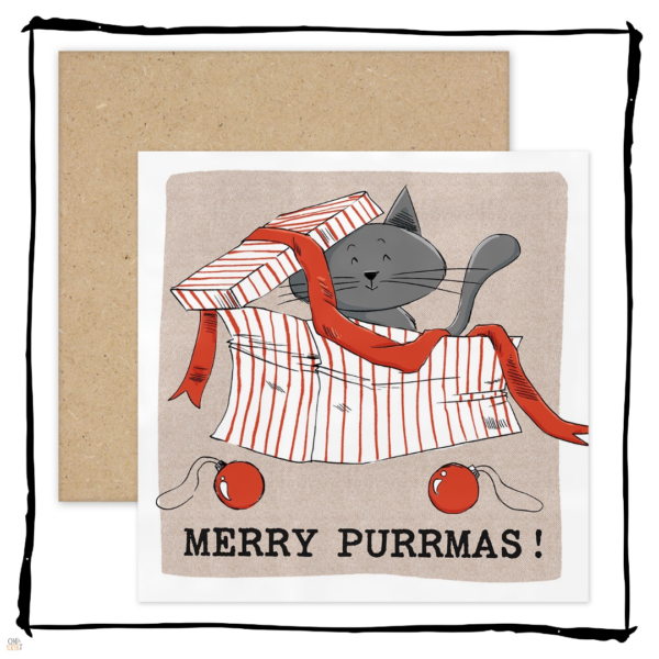Grey cat sitting in a striped gift box with ribbon and baubles on a Merry Purrmas Christmas card.