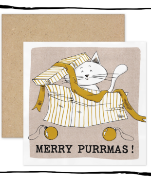 White cat sitting in a striped gift box with ribbon and baubles on a Merry Purrmas Christmas card.