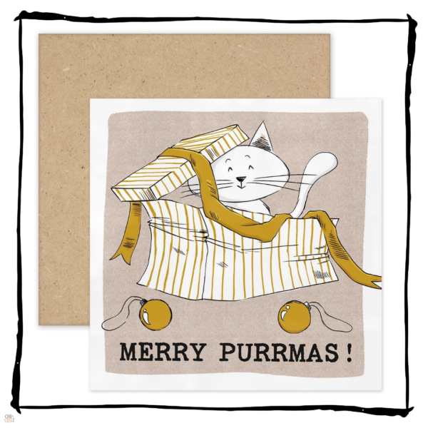 White cat sitting in a striped gift box with ribbon and baubles on a Merry Purrmas Christmas card.