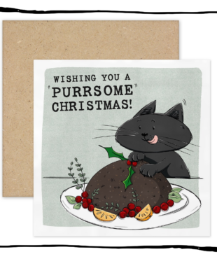 Black cat licking its lips behind a Christmas pudding on a Wishing You a Purrsome Christmas card.