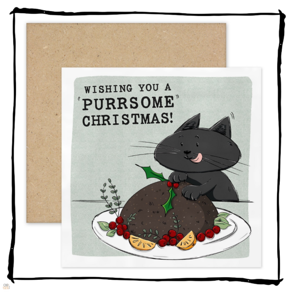 Black cat licking its lips behind a Christmas pudding on a Wishing You a Purrsome Christmas card.