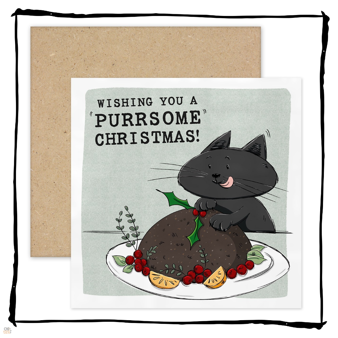Black cat licking its lips behind a Christmas pudding on a Wishing You a Purrsome Christmas card.
