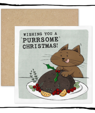 Brown cat licking its lips behind a Christmas pudding on a Wishing You a Purrsome Christmas card.