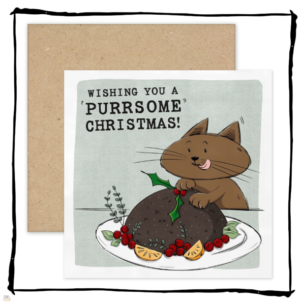 Brown cat licking its lips behind a Christmas pudding on a Wishing You a Purrsome Christmas card.