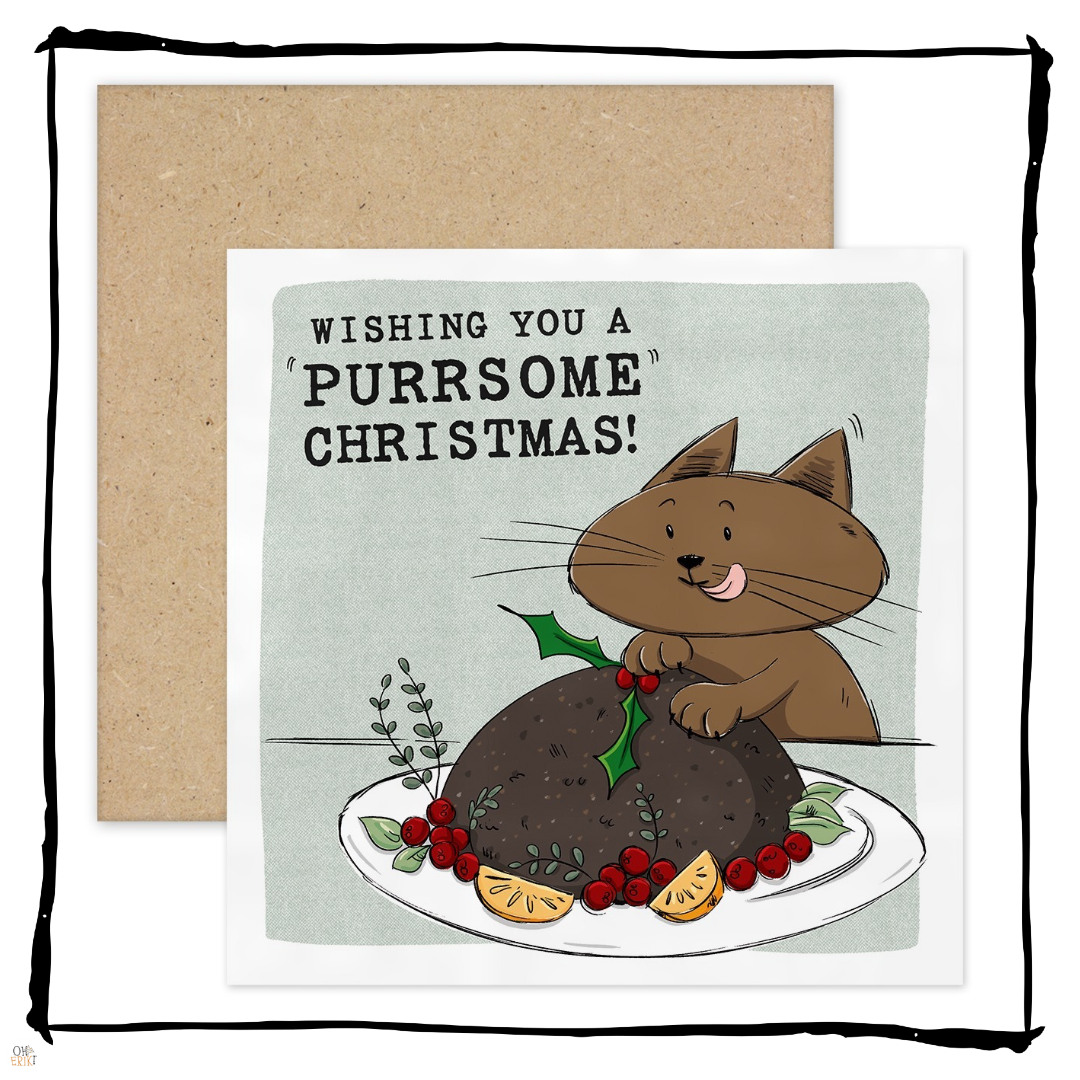 Brown cat licking its lips behind a Christmas pudding on a Wishing You a Purrsome Christmas card.