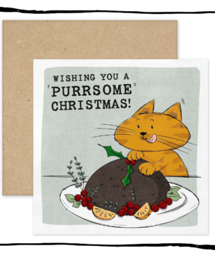Ginger cat licking its lips behind a Christmas pudding on a Wishing You a Purrsome Christmas card.