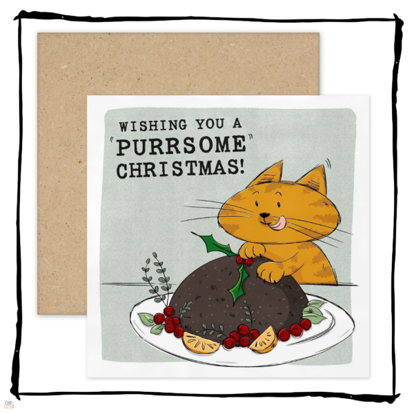 Ginger cat licking its lips behind a Christmas pudding on a Wishing You a Purrsome Christmas card.
