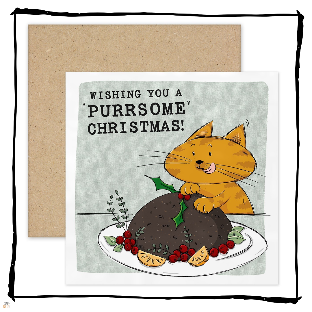 Ginger cat licking its lips behind a Christmas pudding on a Wishing You a Purrsome Christmas card.
