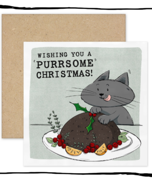 Grey cat licking its lips behind a Christmas pudding on a Wishing You a Purrsome Christmas card.