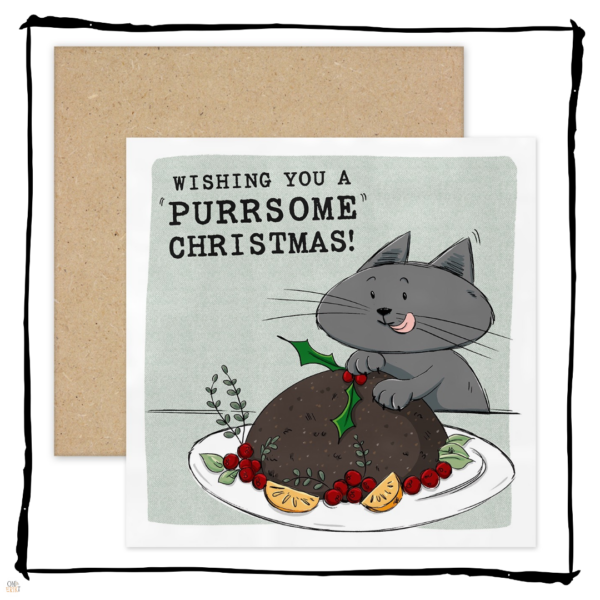Grey cat licking its lips behind a Christmas pudding on a Wishing You a Purrsome Christmas card.