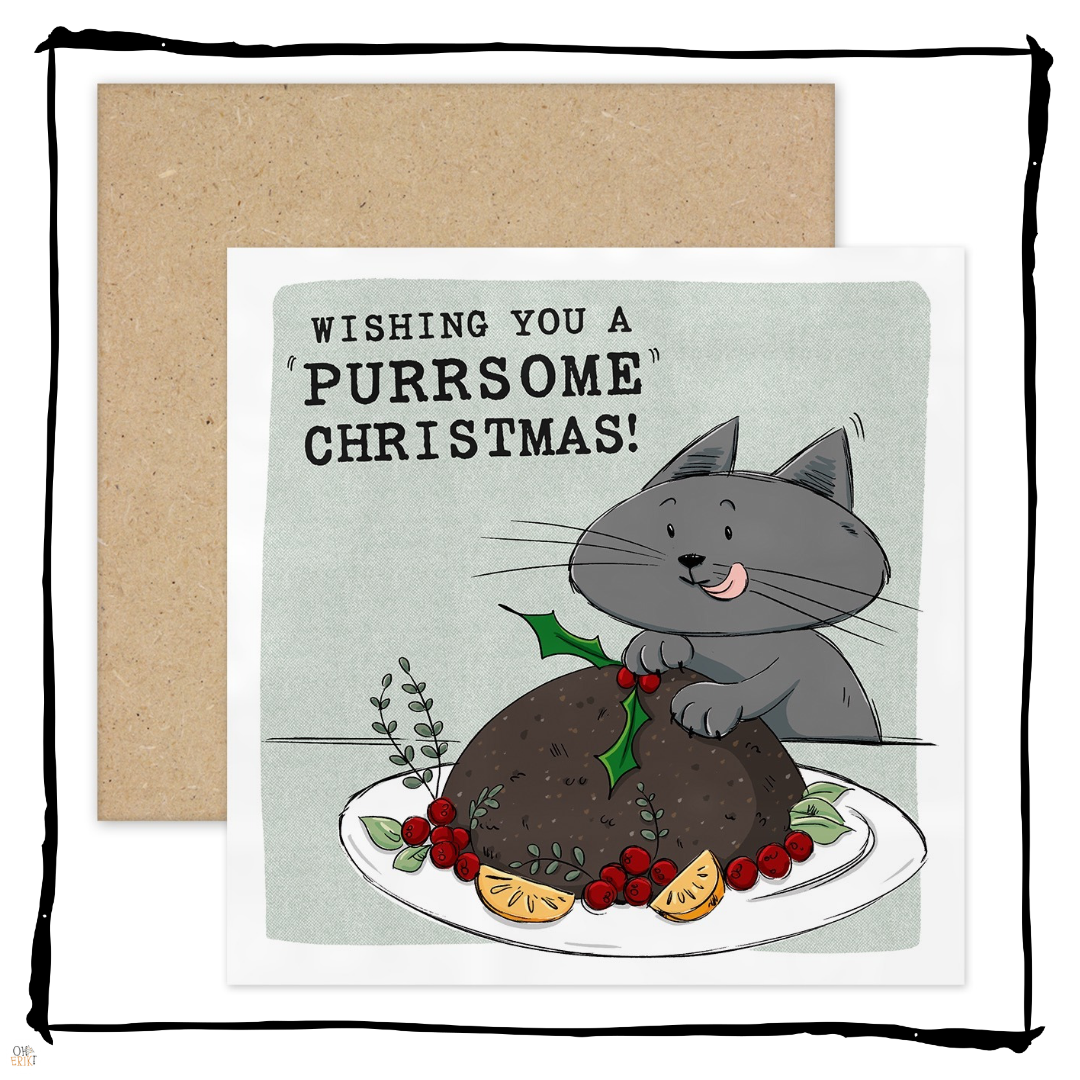 Grey cat licking its lips behind a Christmas pudding on a Wishing You a Purrsome Christmas card.