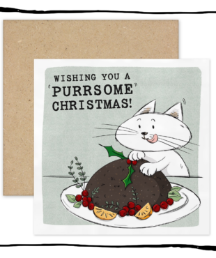 White cat licking its lips behind a Christmas pudding on a Wishing You a Purrsome Christmas card.