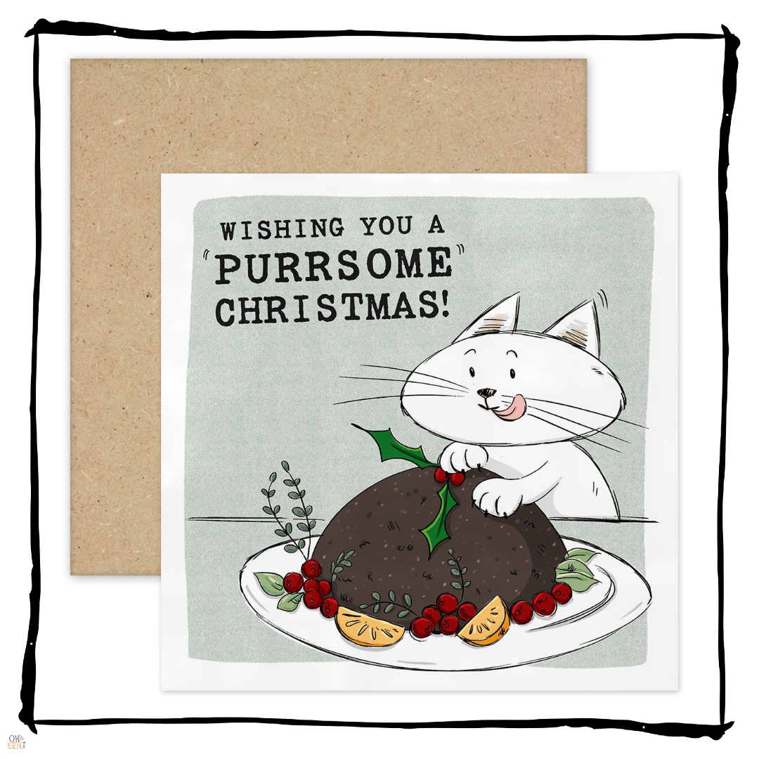 White cat licking its lips behind a Christmas pudding on a Wishing You a Purrsome Christmas card.